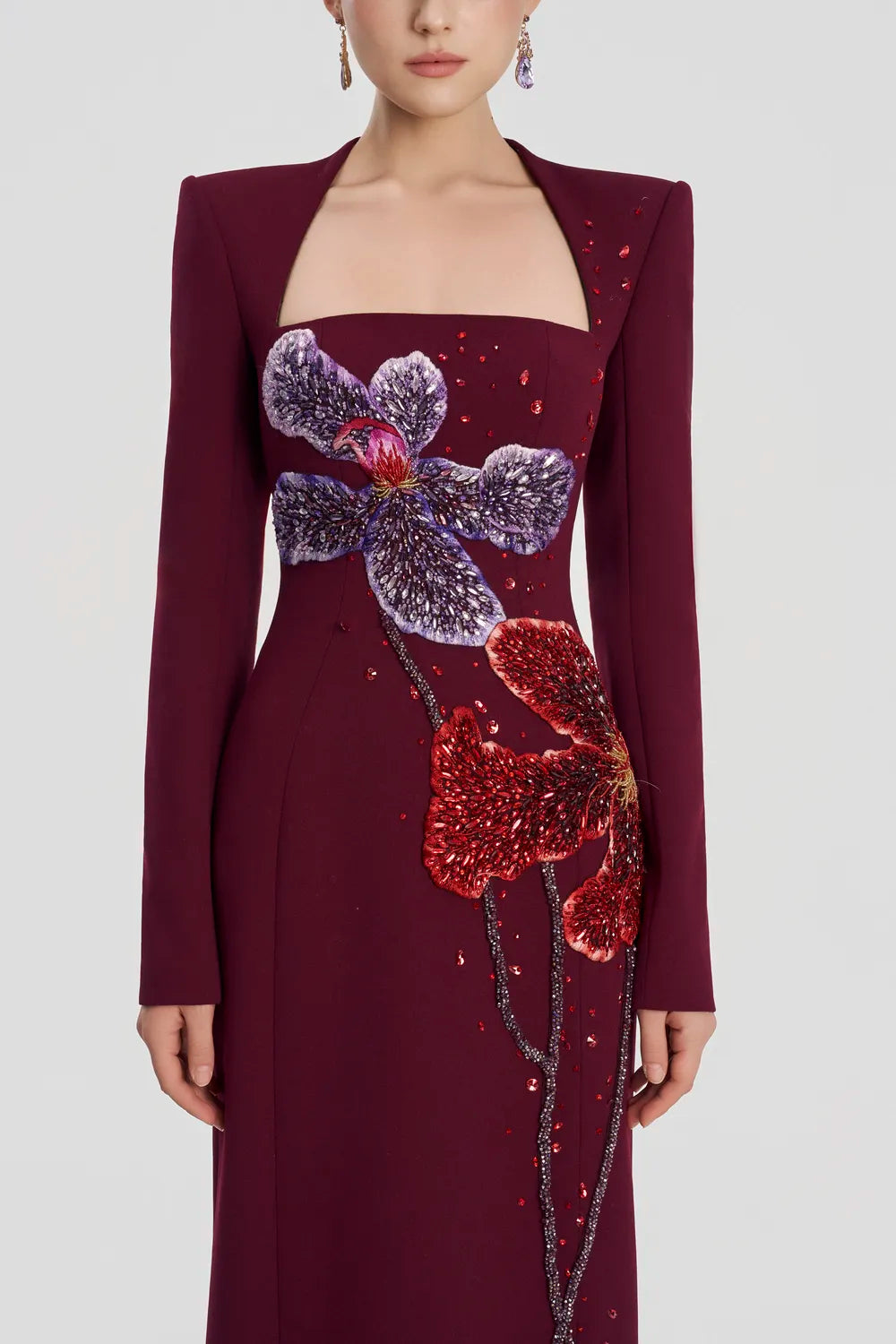 Trapezium Neckline Floral Embellished Dress - TRACY COUTURE