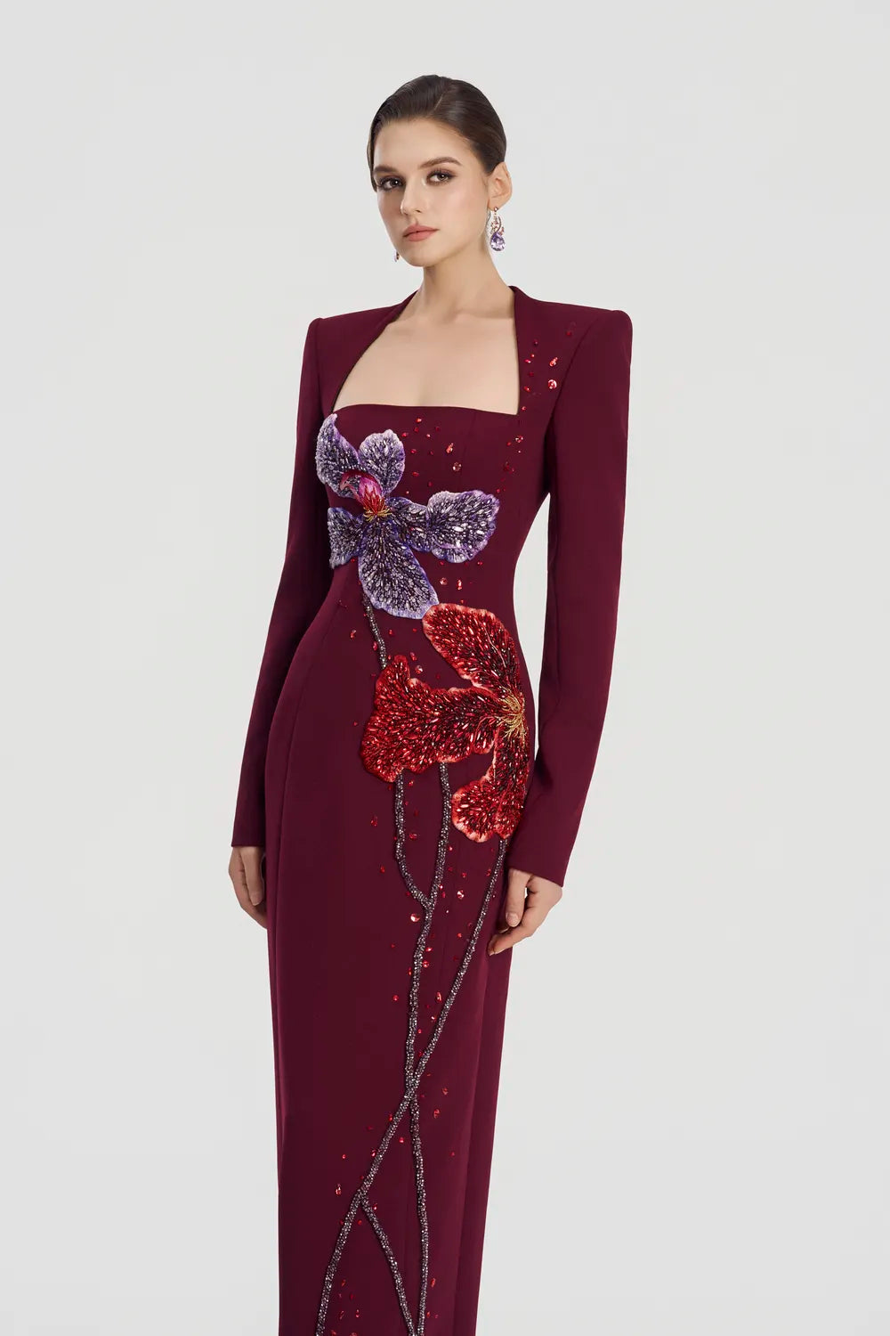 Trapezium Neckline Floral Embellished Dress - TRACY COUTURE