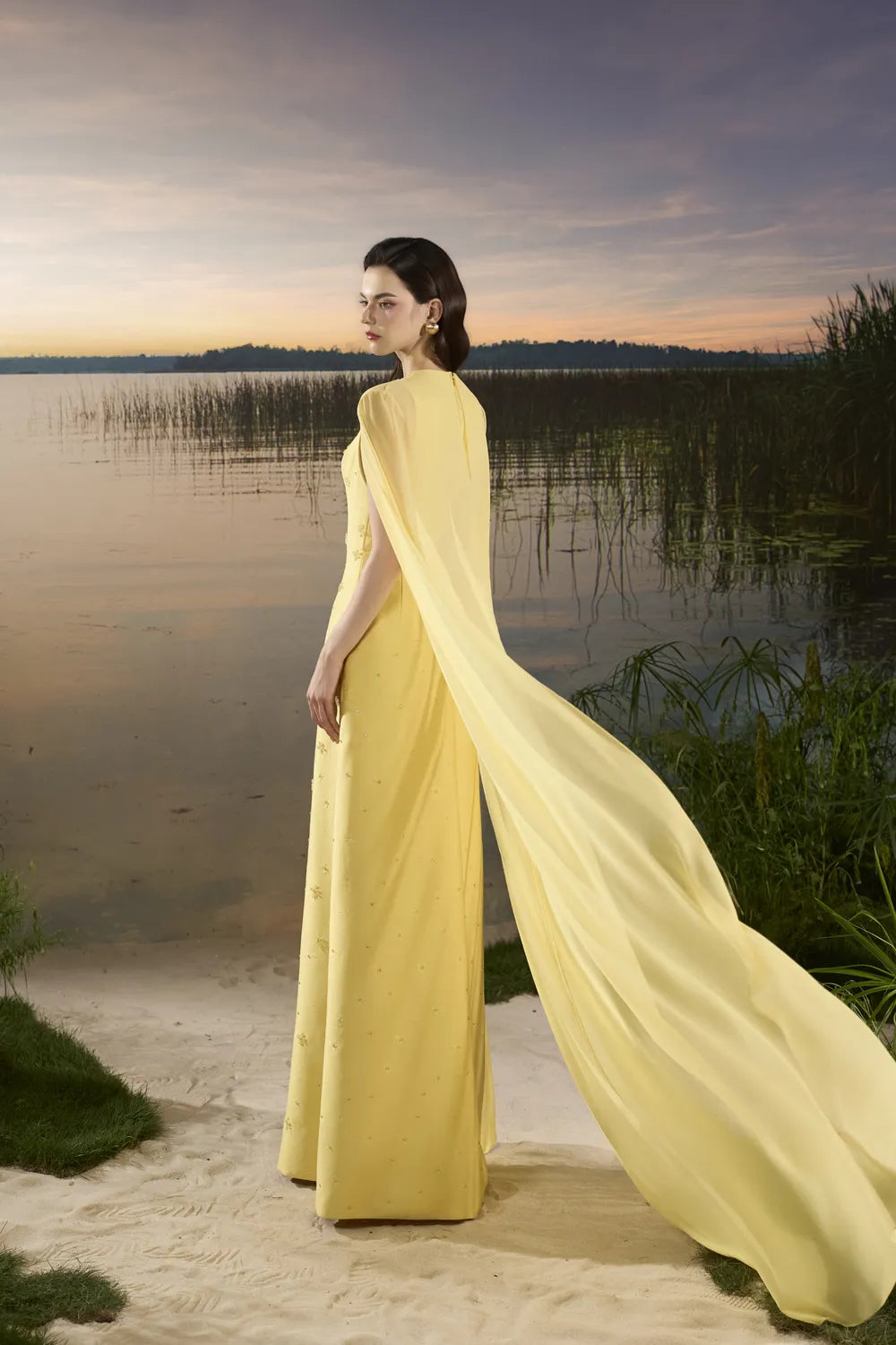 Long Back Flap Dress Front Slit Dress - TRACY COUTURE