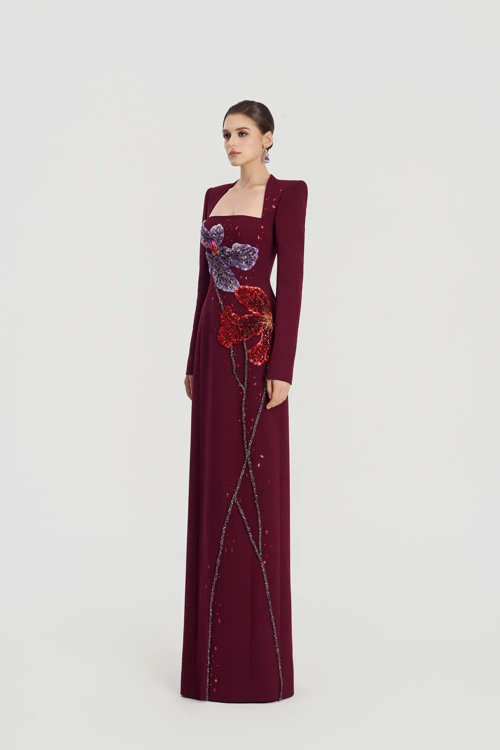 Trapezium Neckline Floral Embellished Dress - TRACY COUTURE