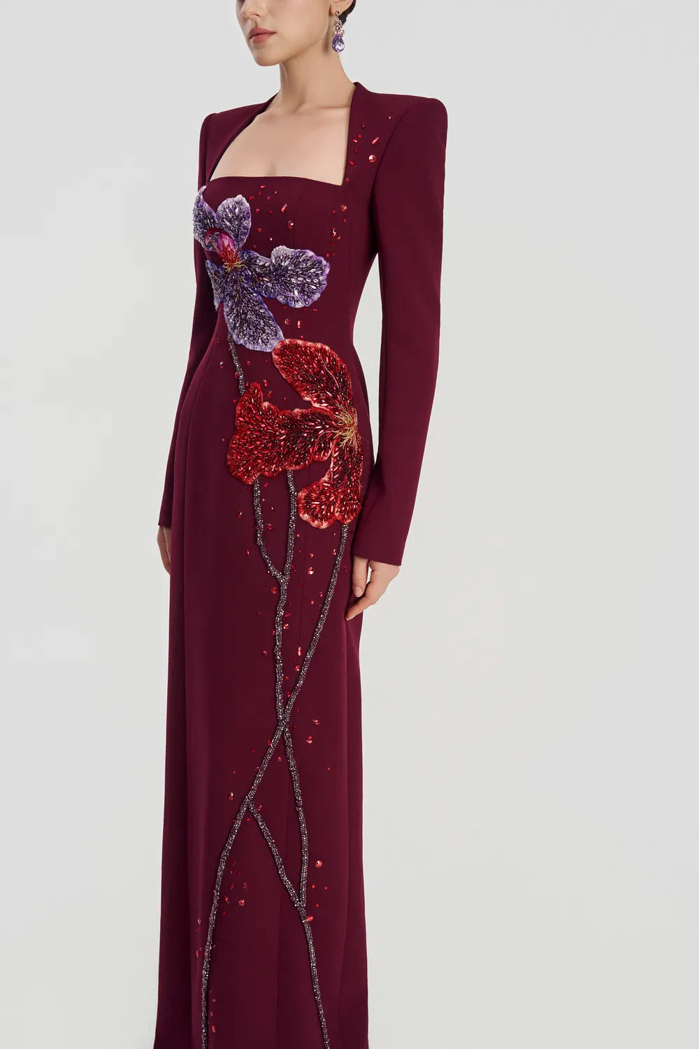 Trapezium Neckline Floral Embellished Dress - TRACY COUTURE