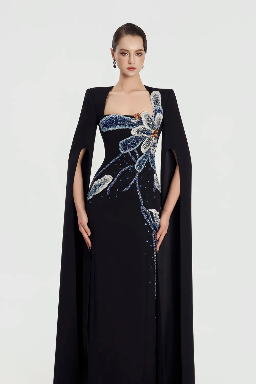 Long Cape Sleeves Straight Dress - TRACY COUTURE