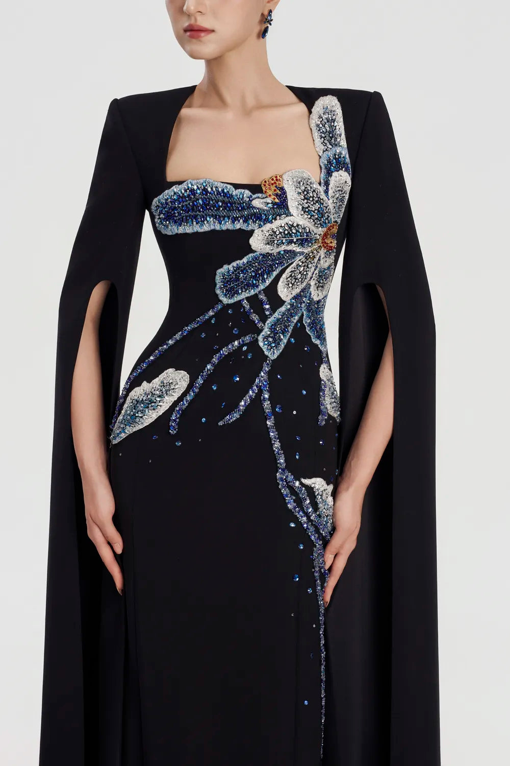 Long Cape Sleeves Straight Dress - TRACY COUTURE