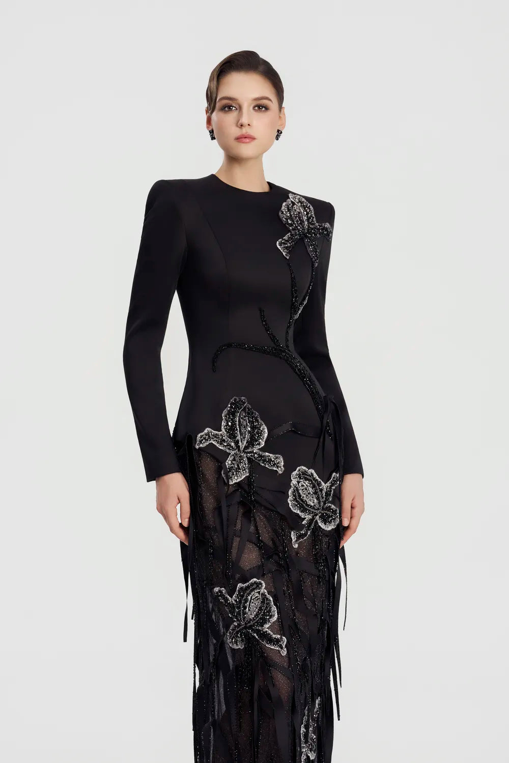 Floral With Fringed Embellished Sparkle Dress - TRACY COUTURE
