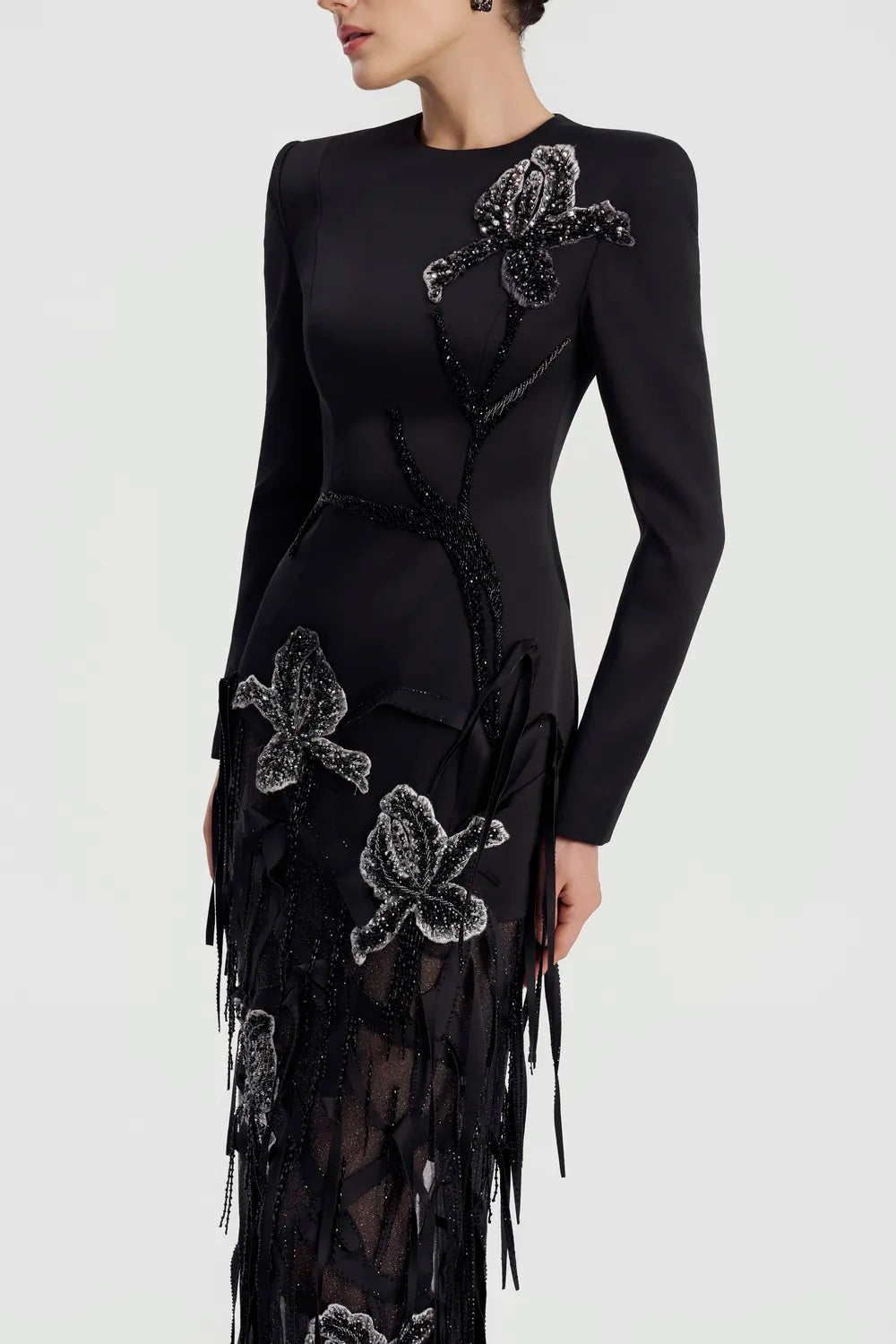 Floral With Fringed Embellished Sparkle Dress - TRACY COUTURE