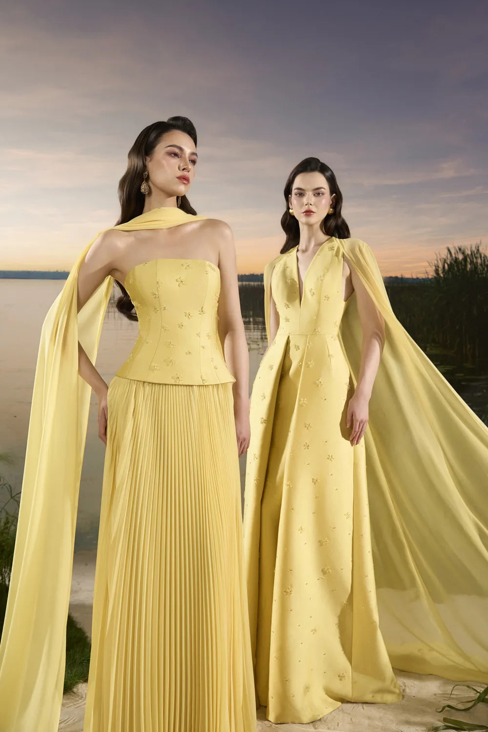 See Through Long Flap Open Shoulder Gathered Dress - TRACY COUTURE