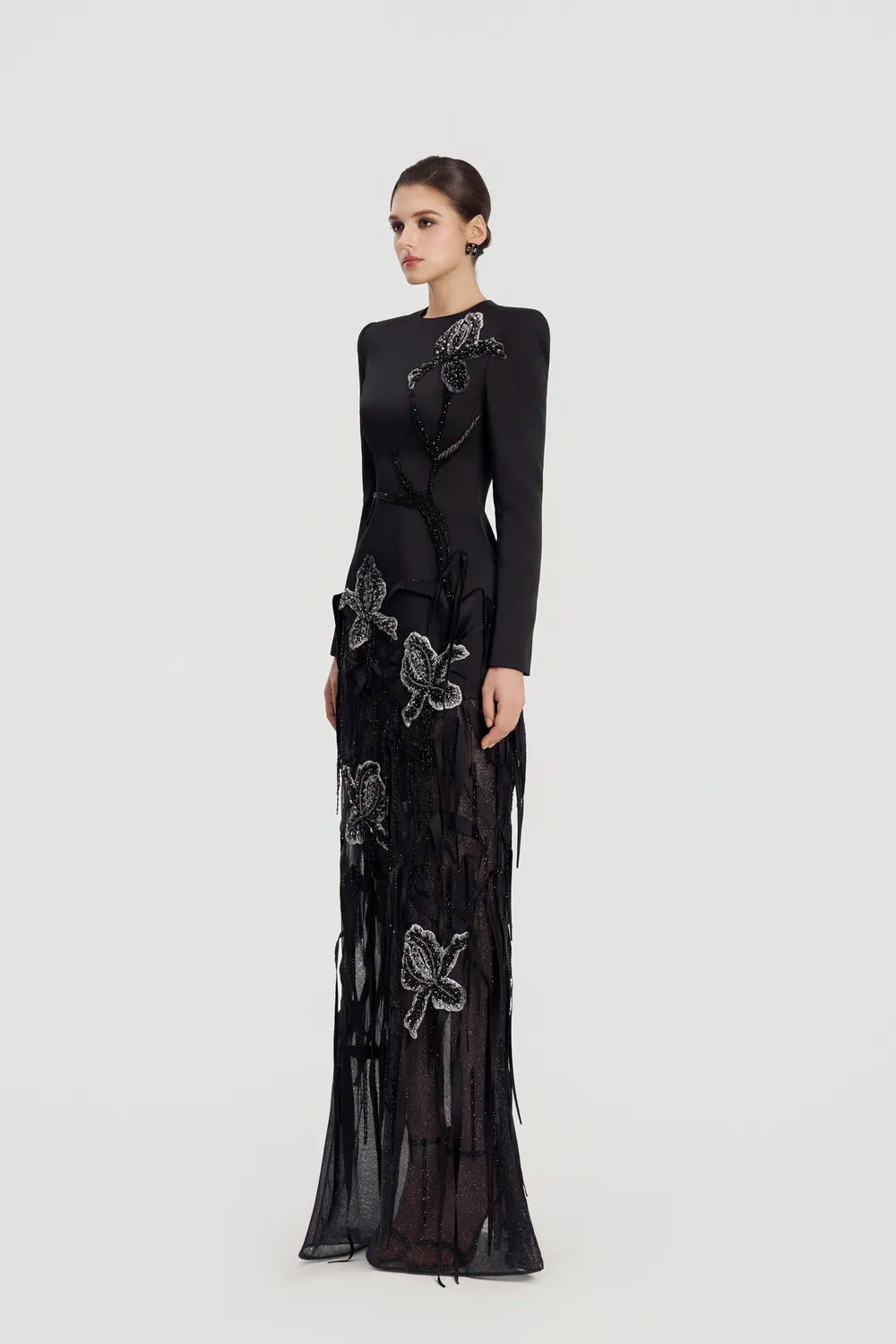 Floral With Fringed Embellished Sparkle Dress - TRACY COUTURE