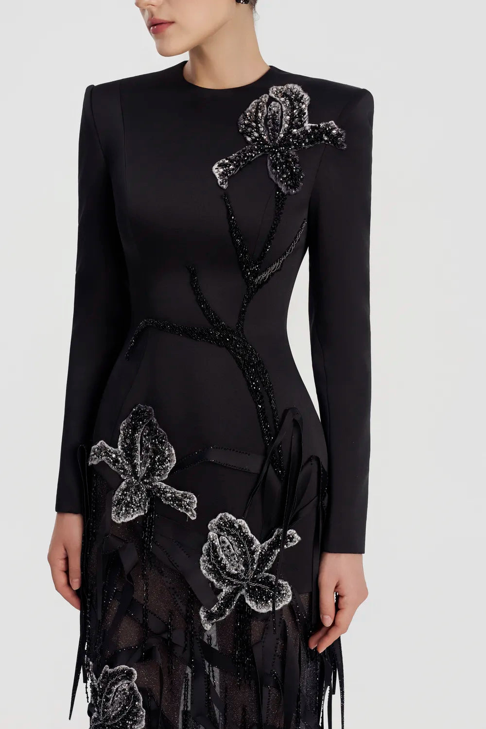Floral With Fringed Embellished Sparkle Dress - TRACY COUTURE