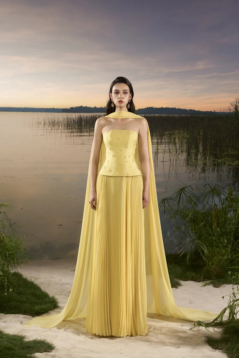 See Through Long Flap Open Shoulder Gathered Dress - TRACY COUTURE