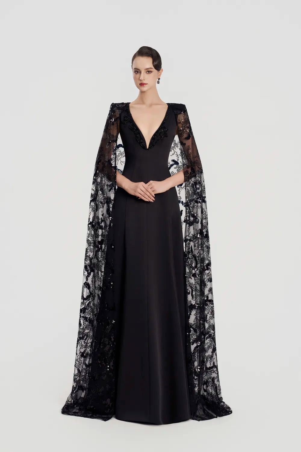 Deep V- Neck Long See-Through Cape Dress - TRACY COUTURE