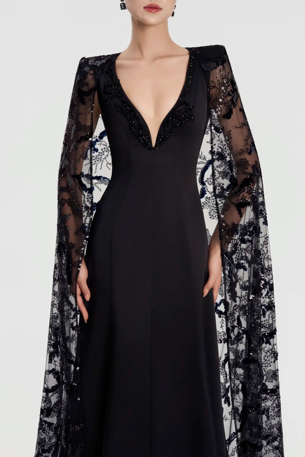 Deep V- Neck Long See-Through Cape Dress - TRACY COUTURE