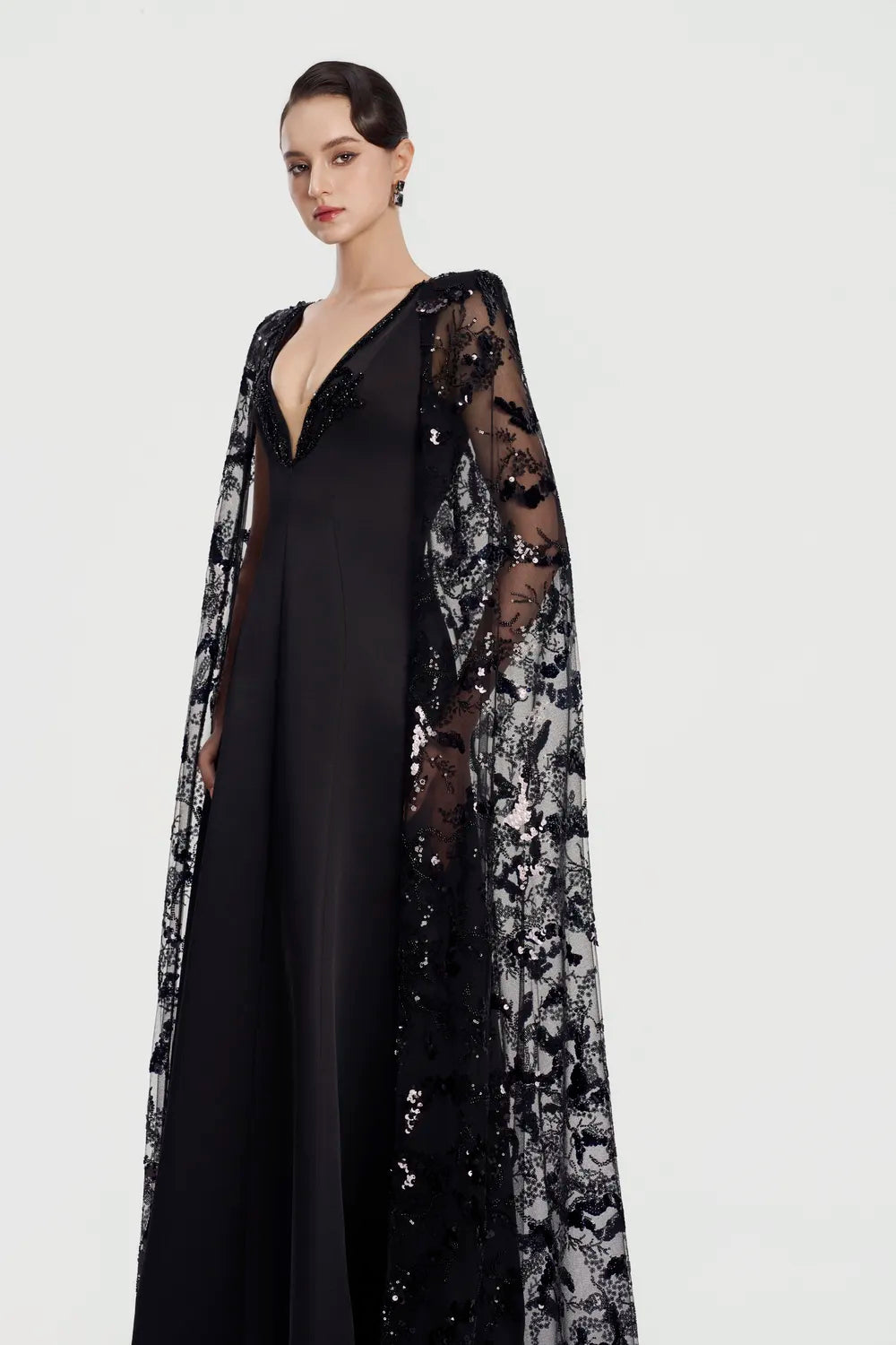 Deep V- Neck Long See-Through Cape Dress - TRACY COUTURE