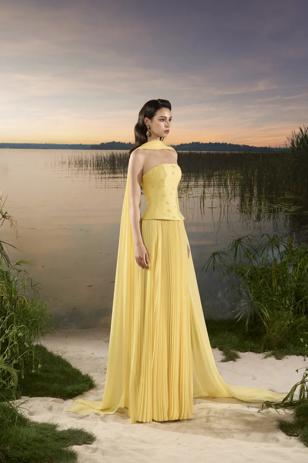 See Through Long Flap Open Shoulder Gathered Dress - TRACY COUTURE