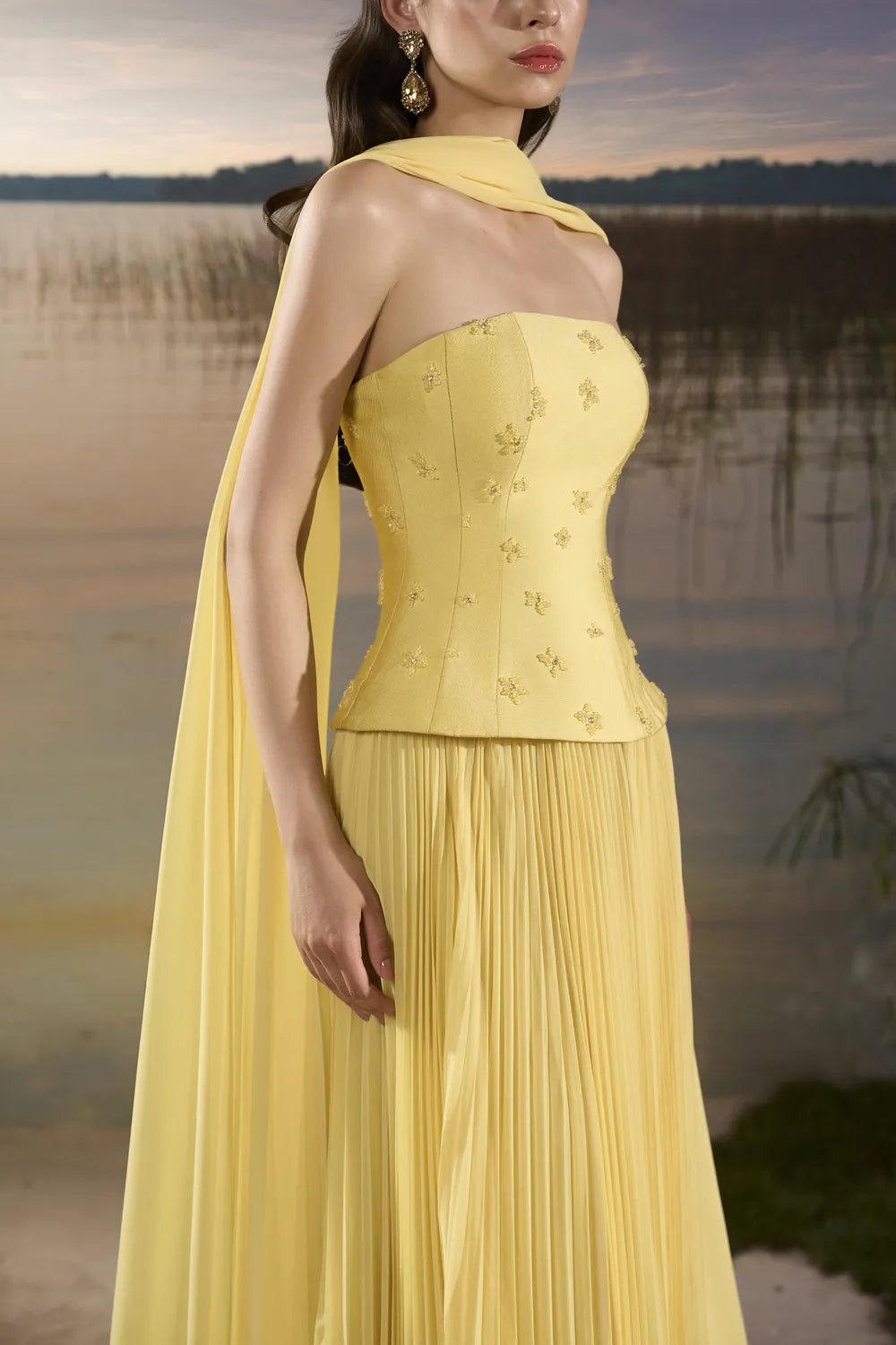 See Through Long Flap Open Shoulder Gathered Dress - TRACY COUTURE