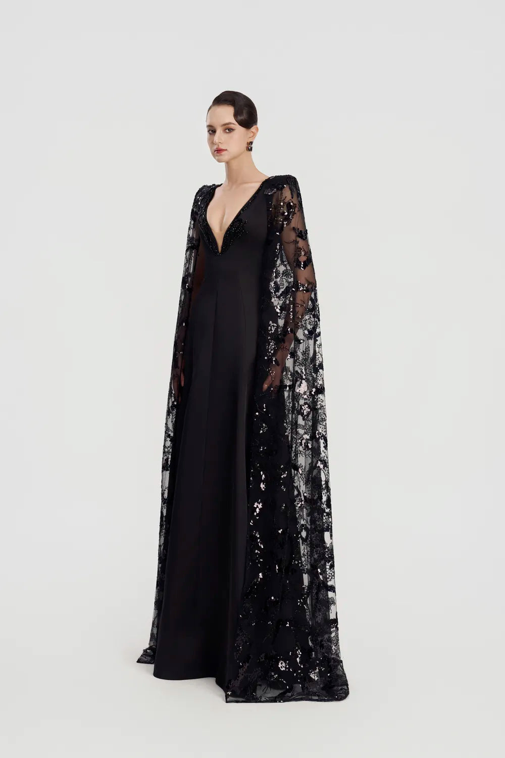 Deep V- Neck Long See-Through Cape Dress - TRACY COUTURE