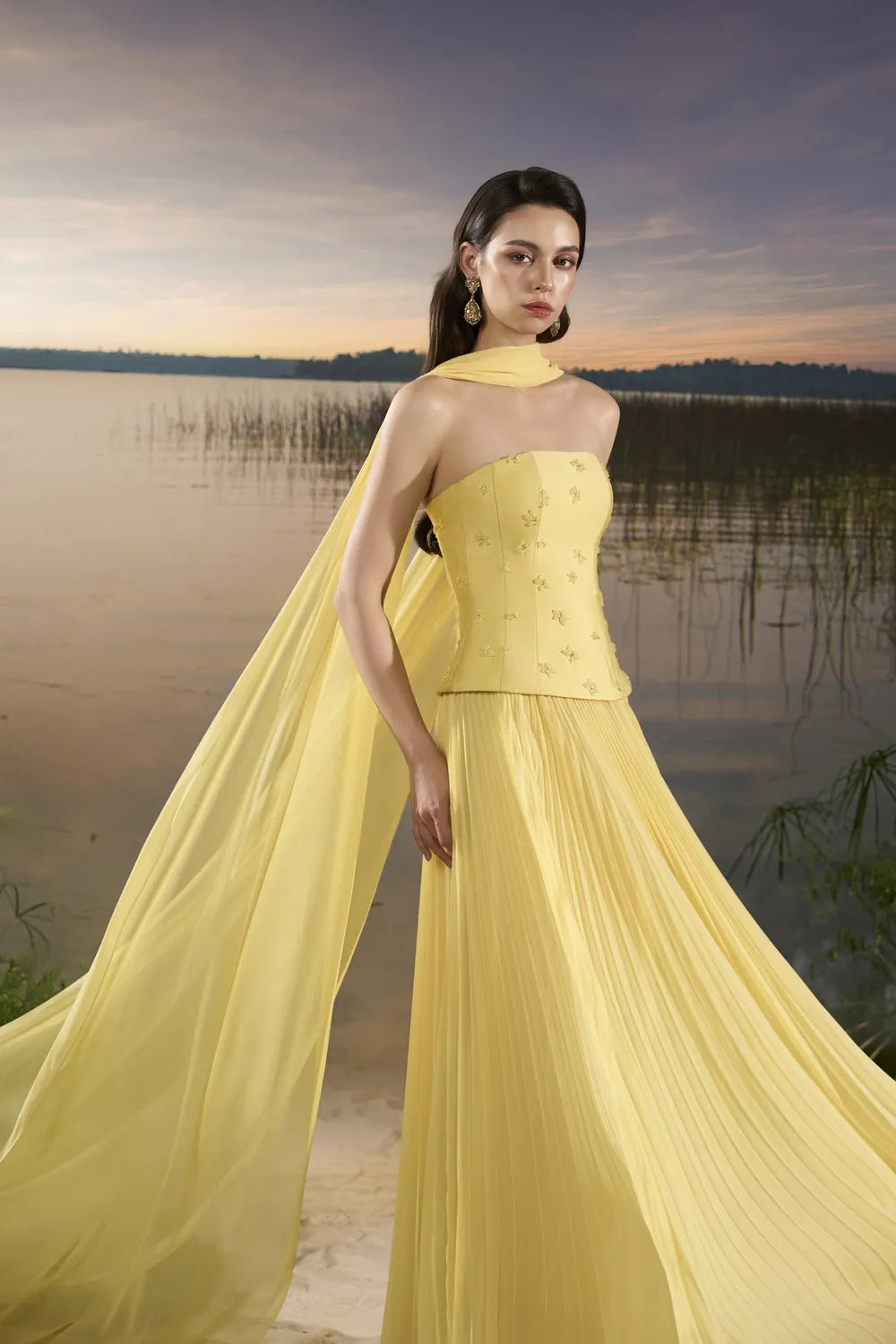 See Through Long Flap Open Shoulder Gathered Dress - TRACY COUTURE