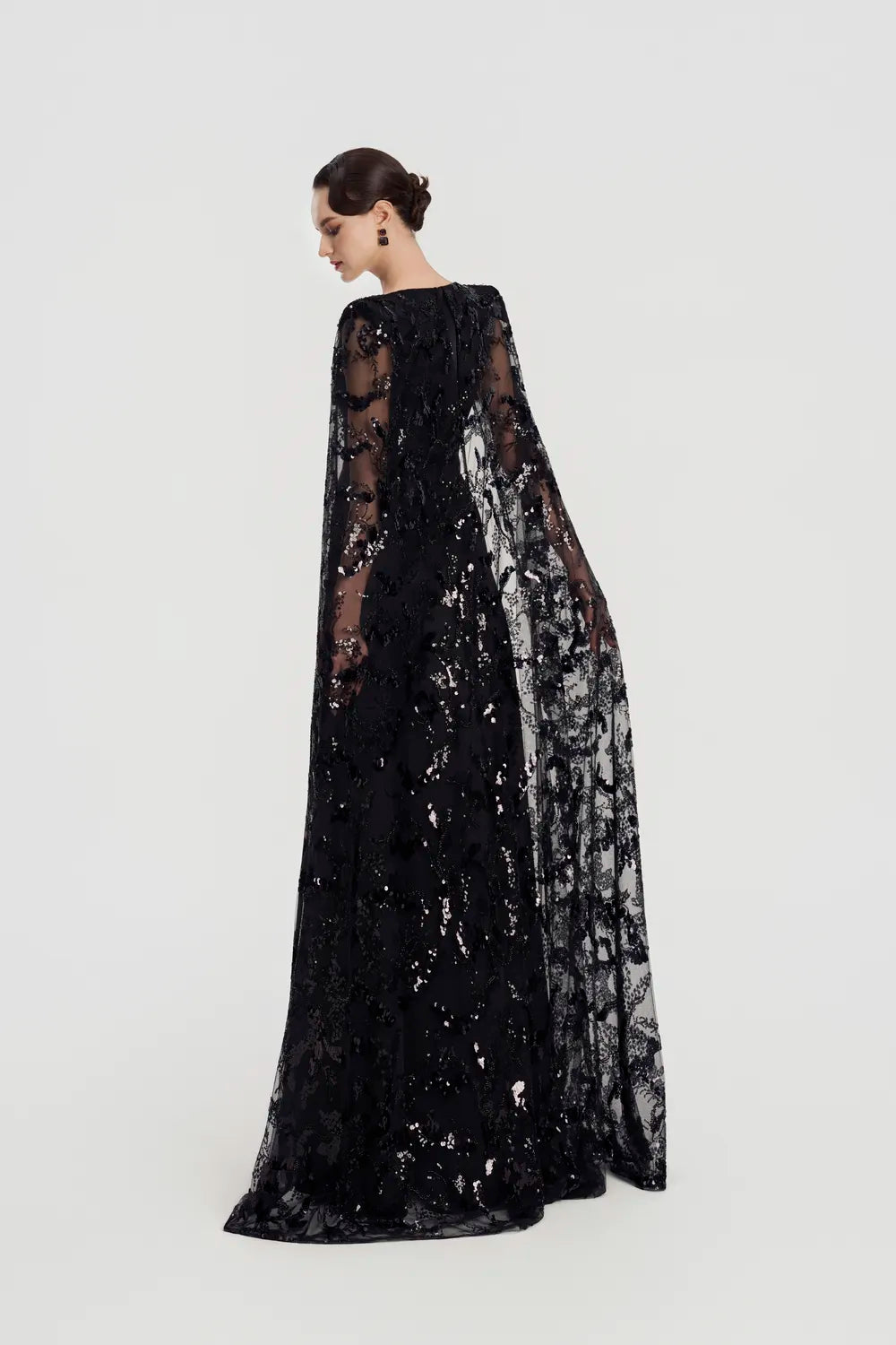 Deep V- Neck Long See-Through Cape Dress - TRACY COUTURE