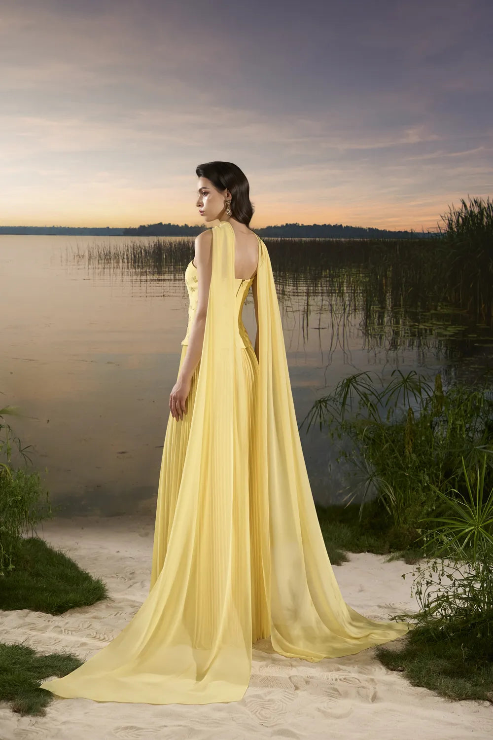 See Through Long Flap Open Shoulder Gathered Dress - TRACY COUTURE