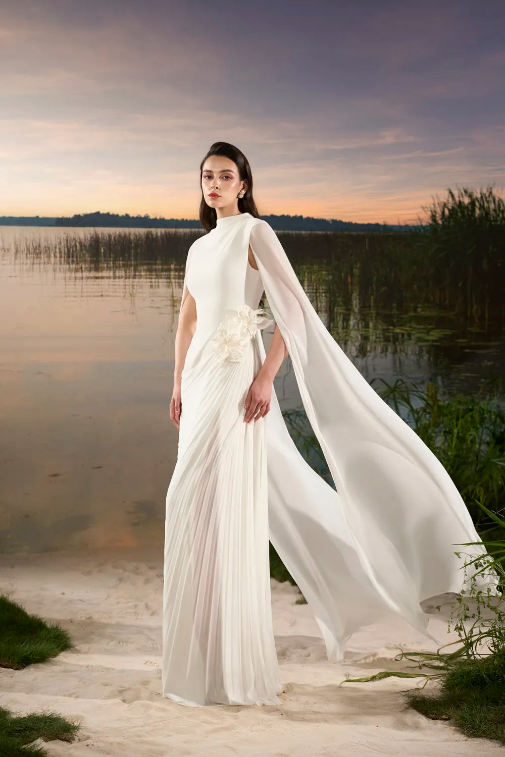 3D Floral Diagonal Pleated Dress - TRACY COUTURE