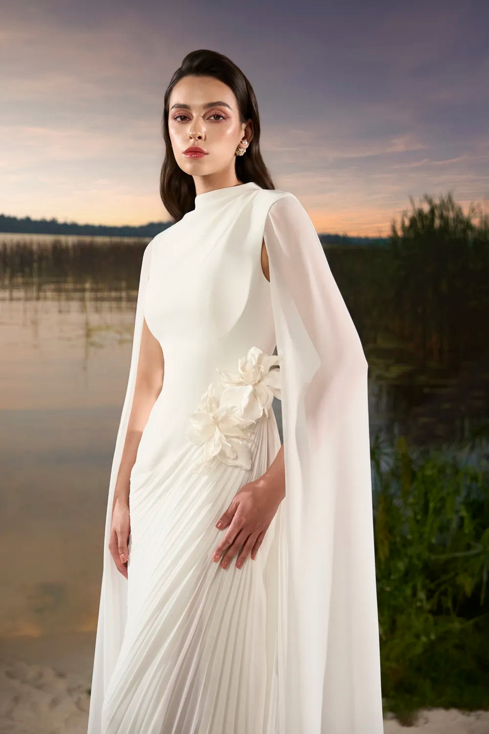 3D Floral Diagonal Pleated Dress - TRACY COUTURE