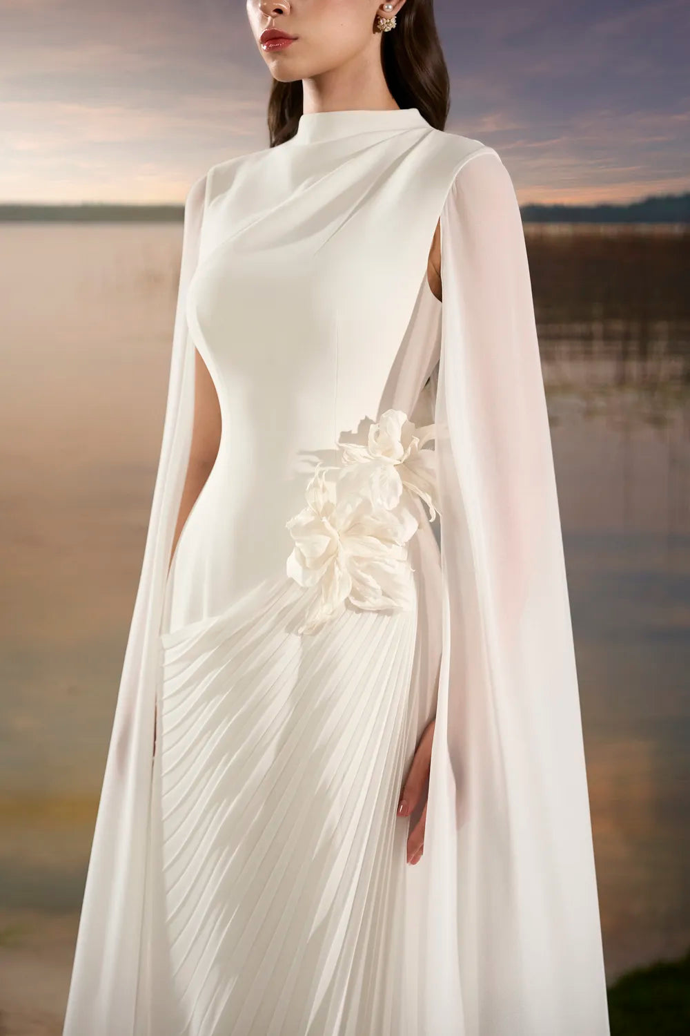 3D Floral Diagonal Pleated Dress - TRACY COUTURE
