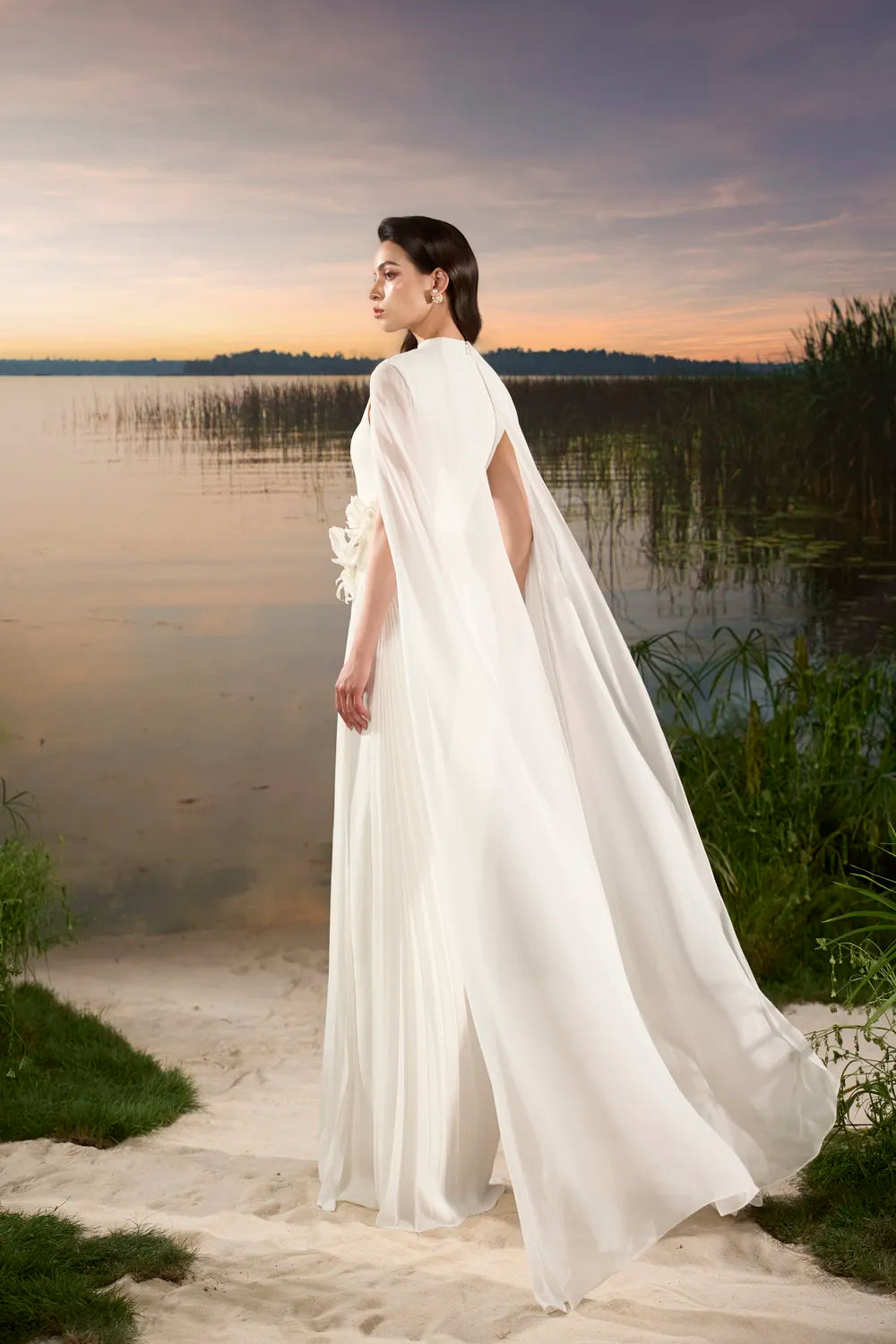 3D Floral Diagonal Pleated Dress - TRACY COUTURE