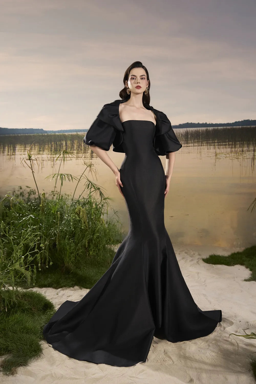 Gathered Puffy Cape Strapless Mermaid Dress - TRACY COUTURE