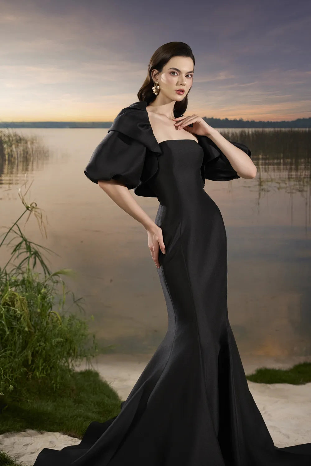 Gathered Puffy Cape Strapless Mermaid Dress - TRACY COUTURE