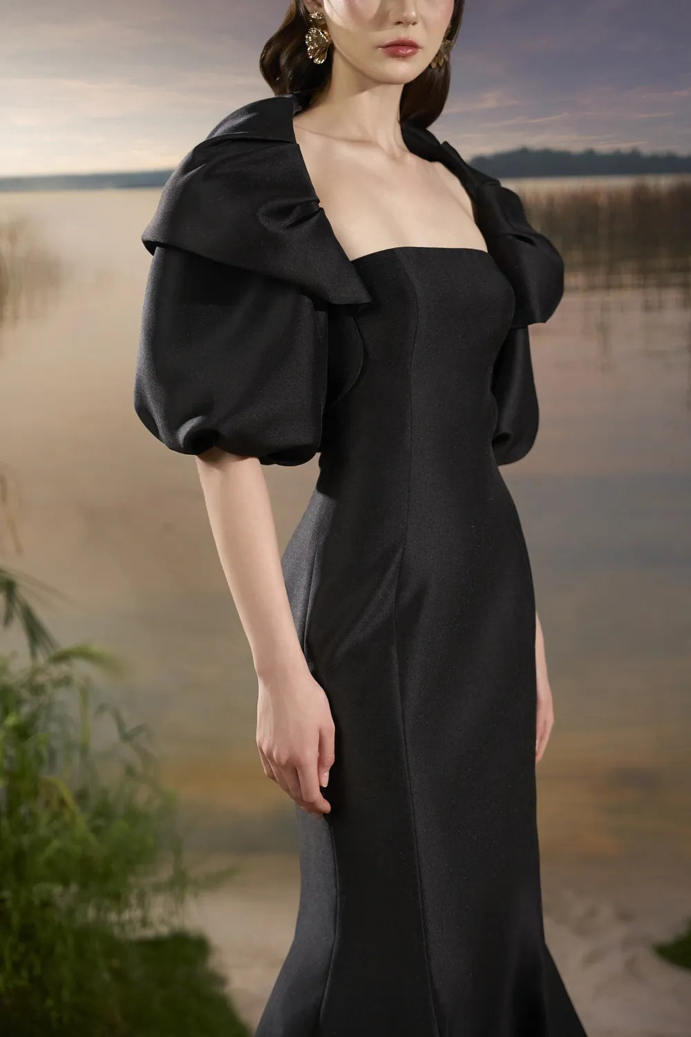 Gathered Puffy Cape Strapless Mermaid Dress - TRACY COUTURE