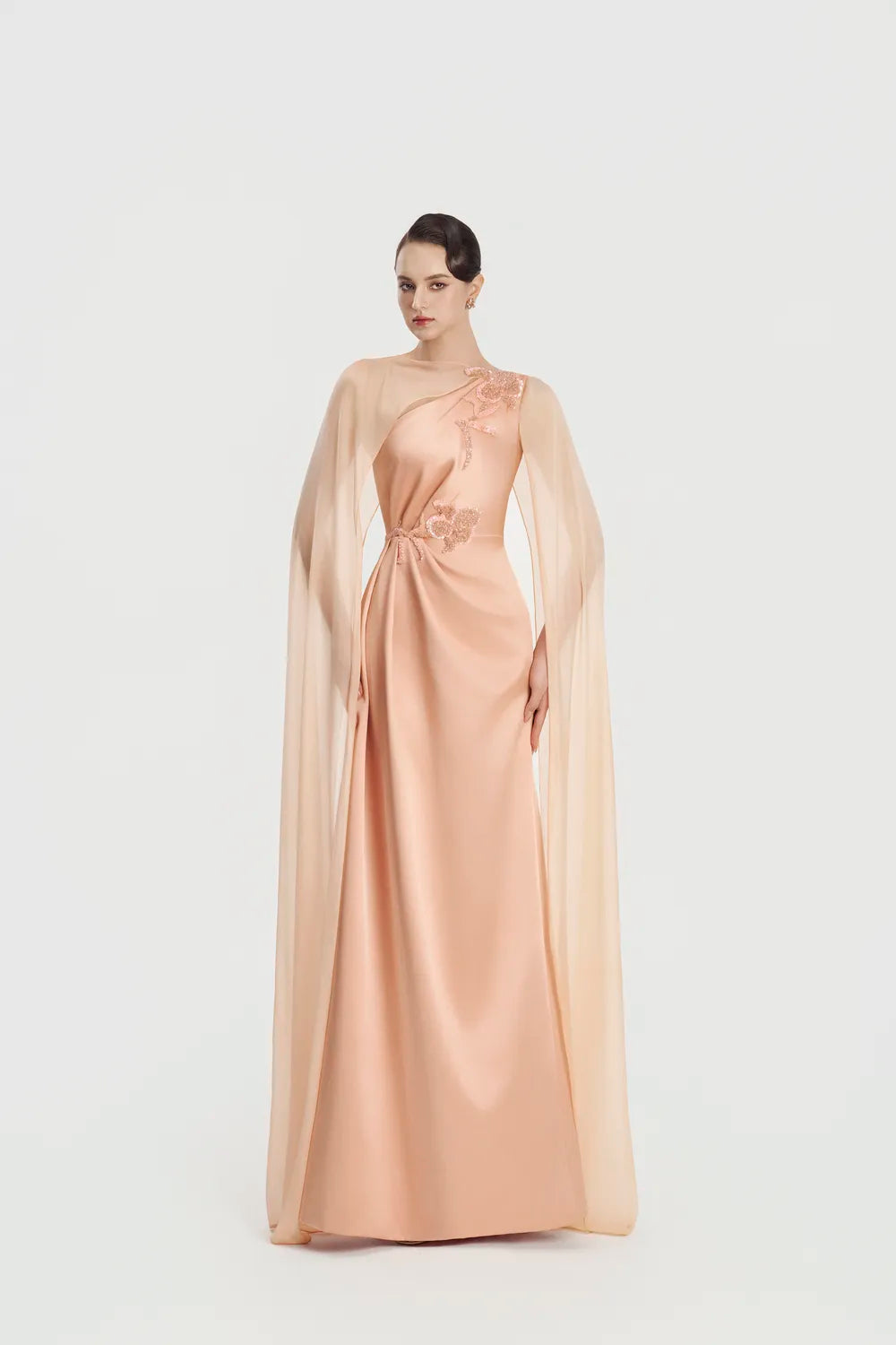 See-Through Long Cape A-Line Dress - TRACY COUTURE