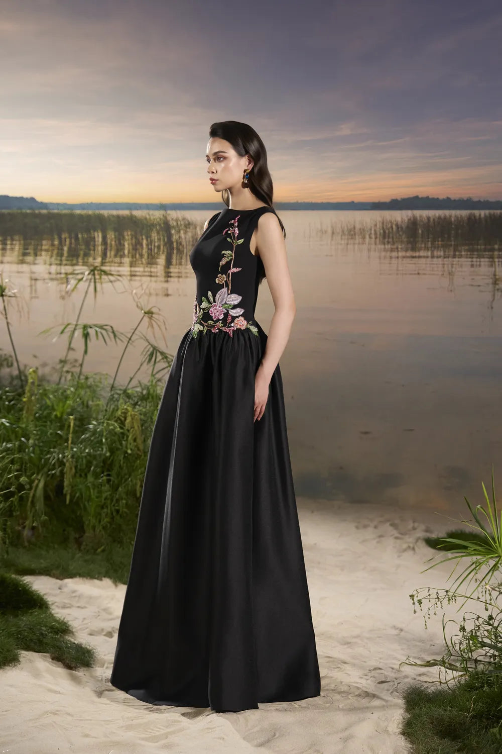 Floral Embellished Gathered Dress - TRACY COUTURE