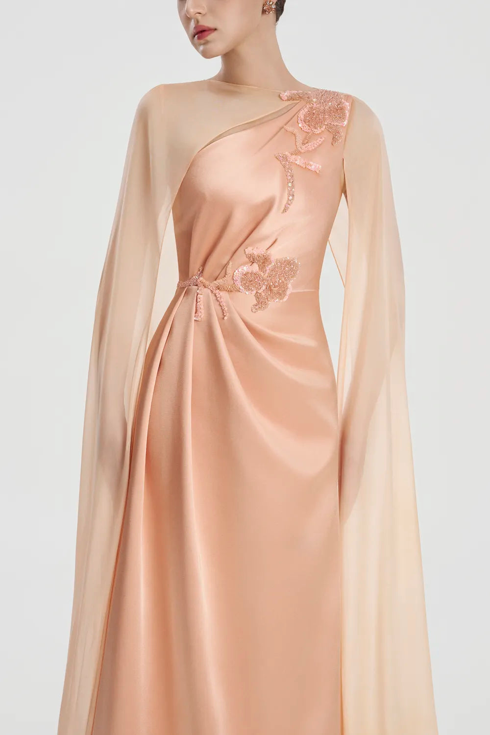 See-Through Long Cape A-Line Dress - TRACY COUTURE