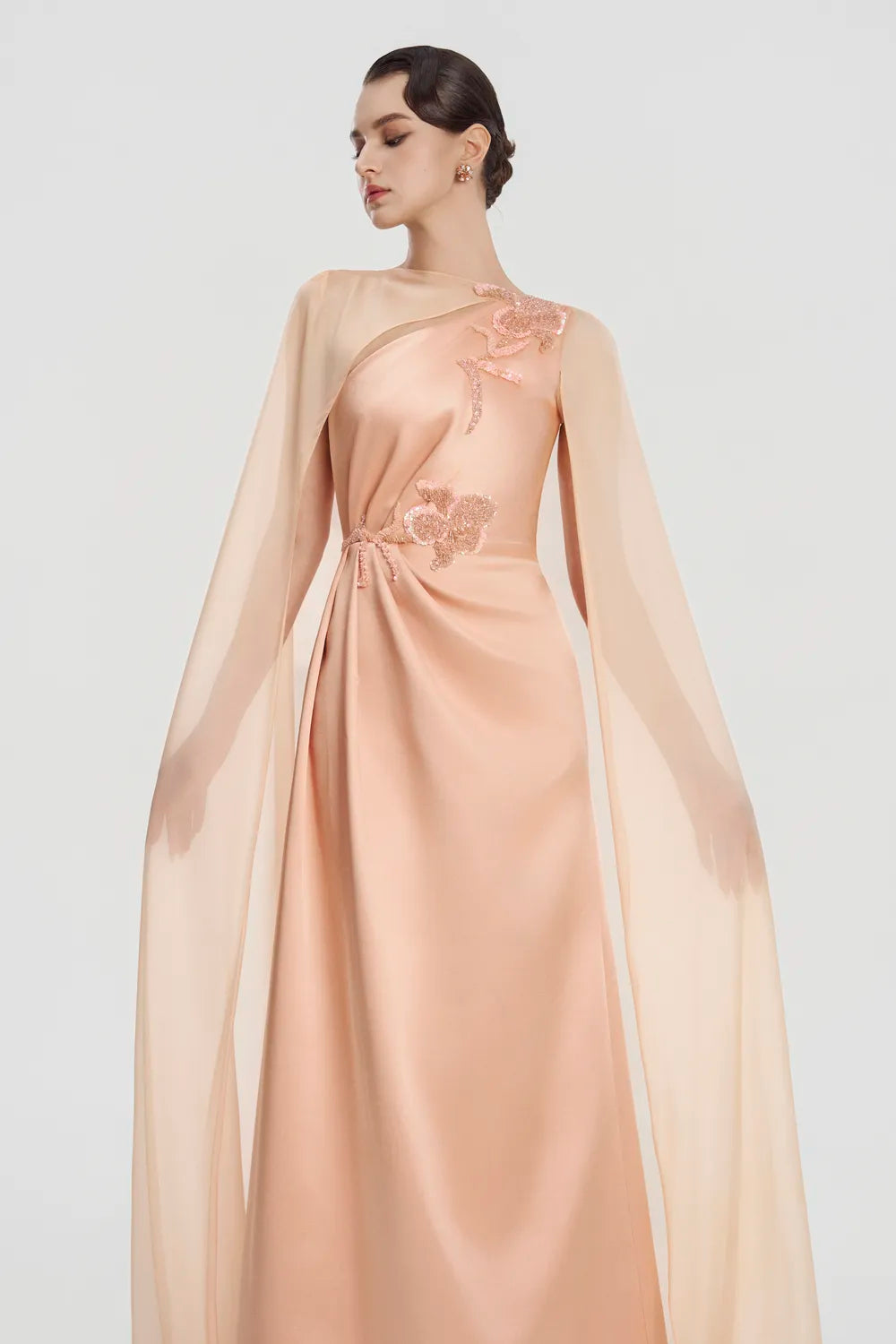 See-Through Long Cape A-Line Dress - TRACY COUTURE