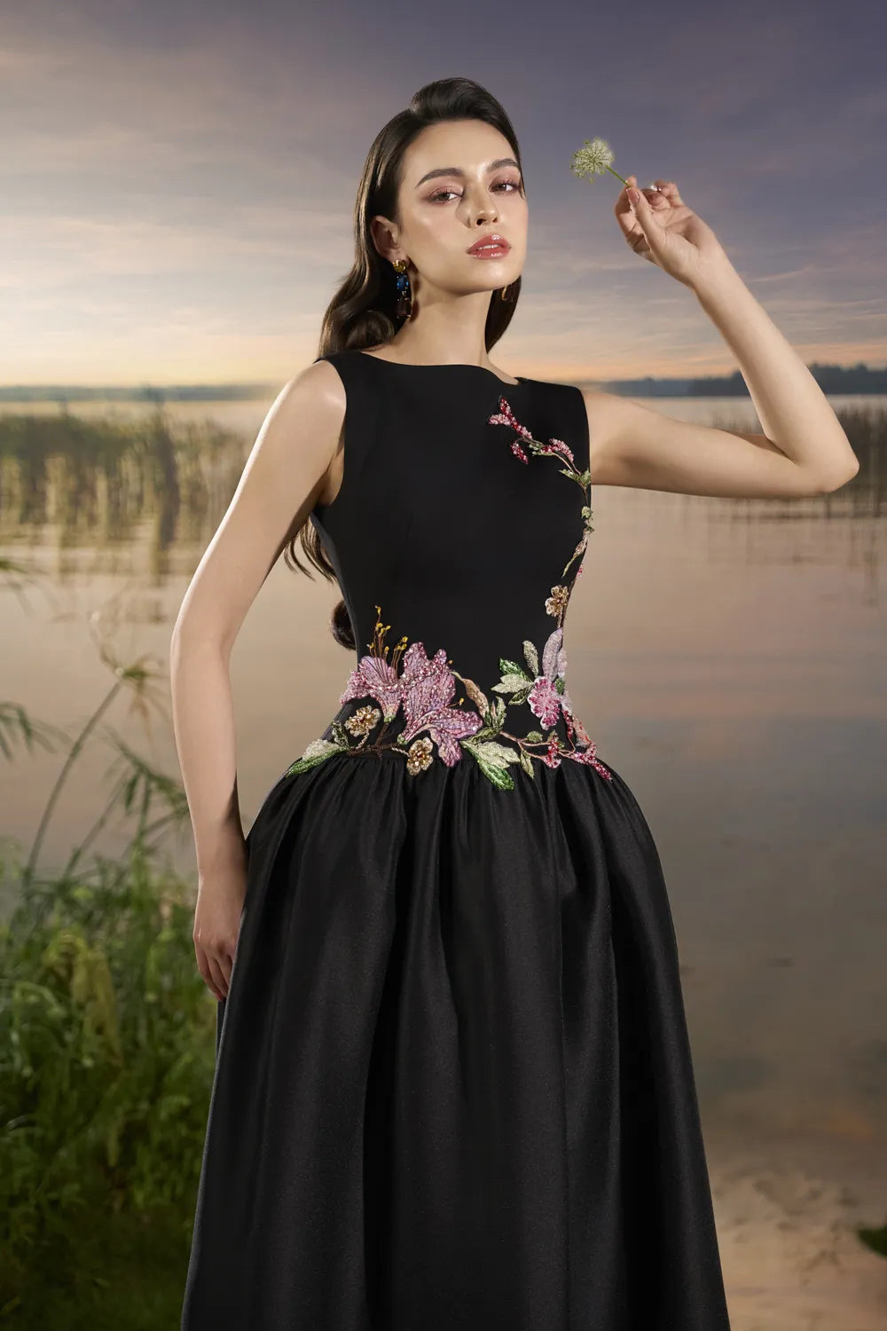 Floral Embellished Gathered Dress - TRACY COUTURE