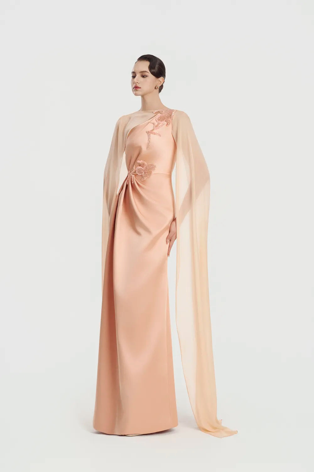 See-Through Long Cape A-Line Dress - TRACY COUTURE