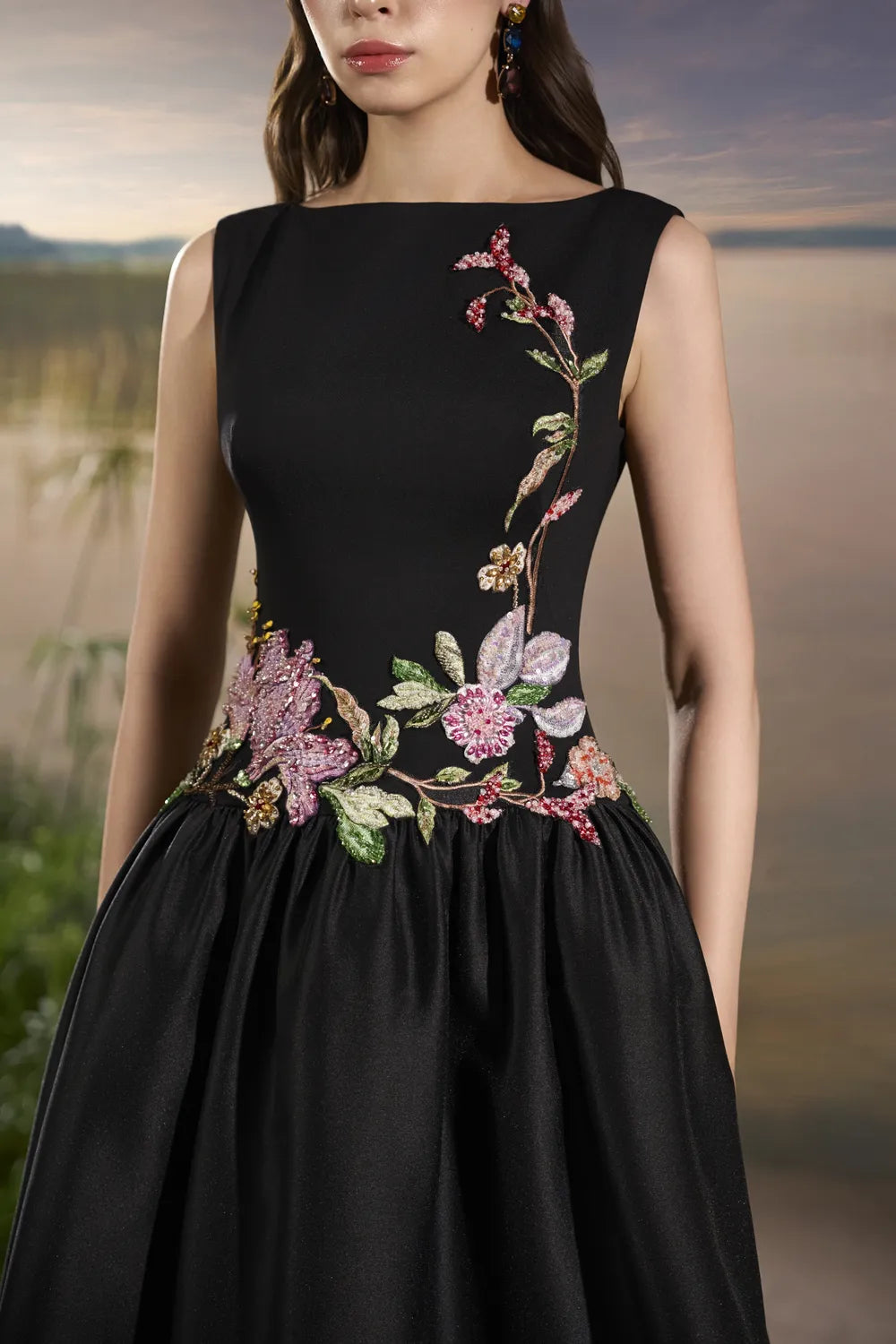 Floral Embellished Gathered Dress - TRACY COUTURE