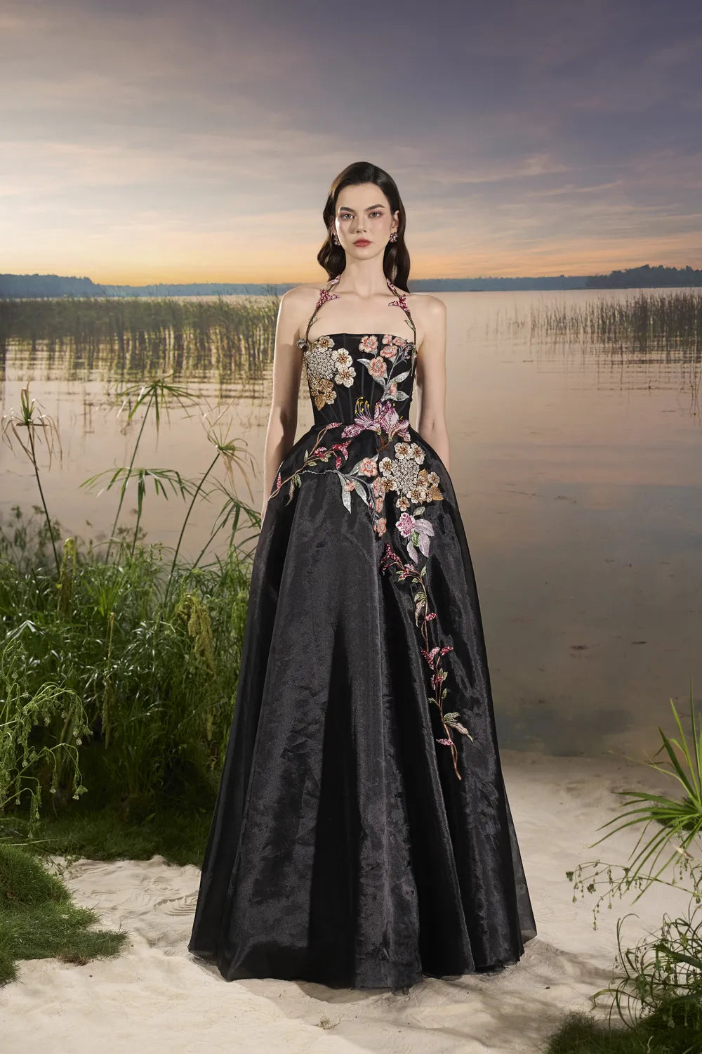 Floral Embellished Halter Strap Puffy Dress - TRACY COUTURE