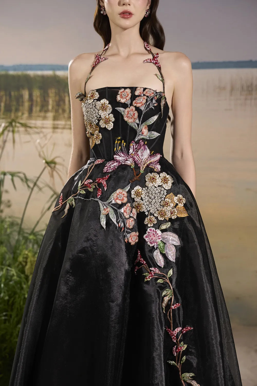 Floral Embellished Halter Strap Puffy Dress - TRACY COUTURE