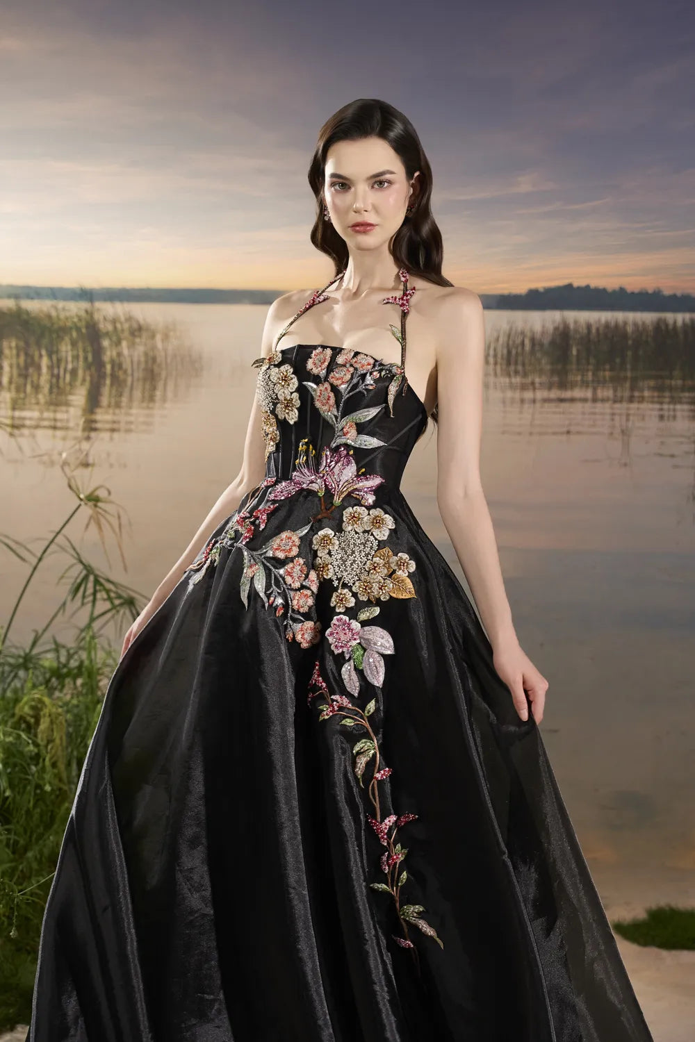 Floral Embellished Halter Strap Puffy Dress - TRACY COUTURE