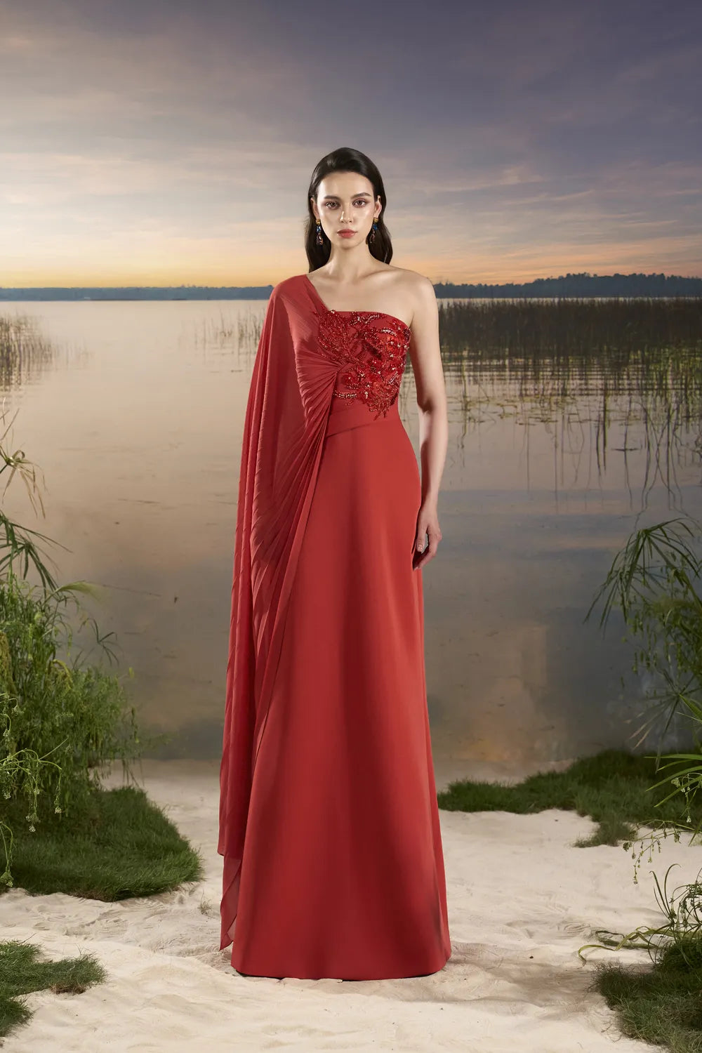 One-Shoulder Pleated Flap Dress - TRACY COUTURE