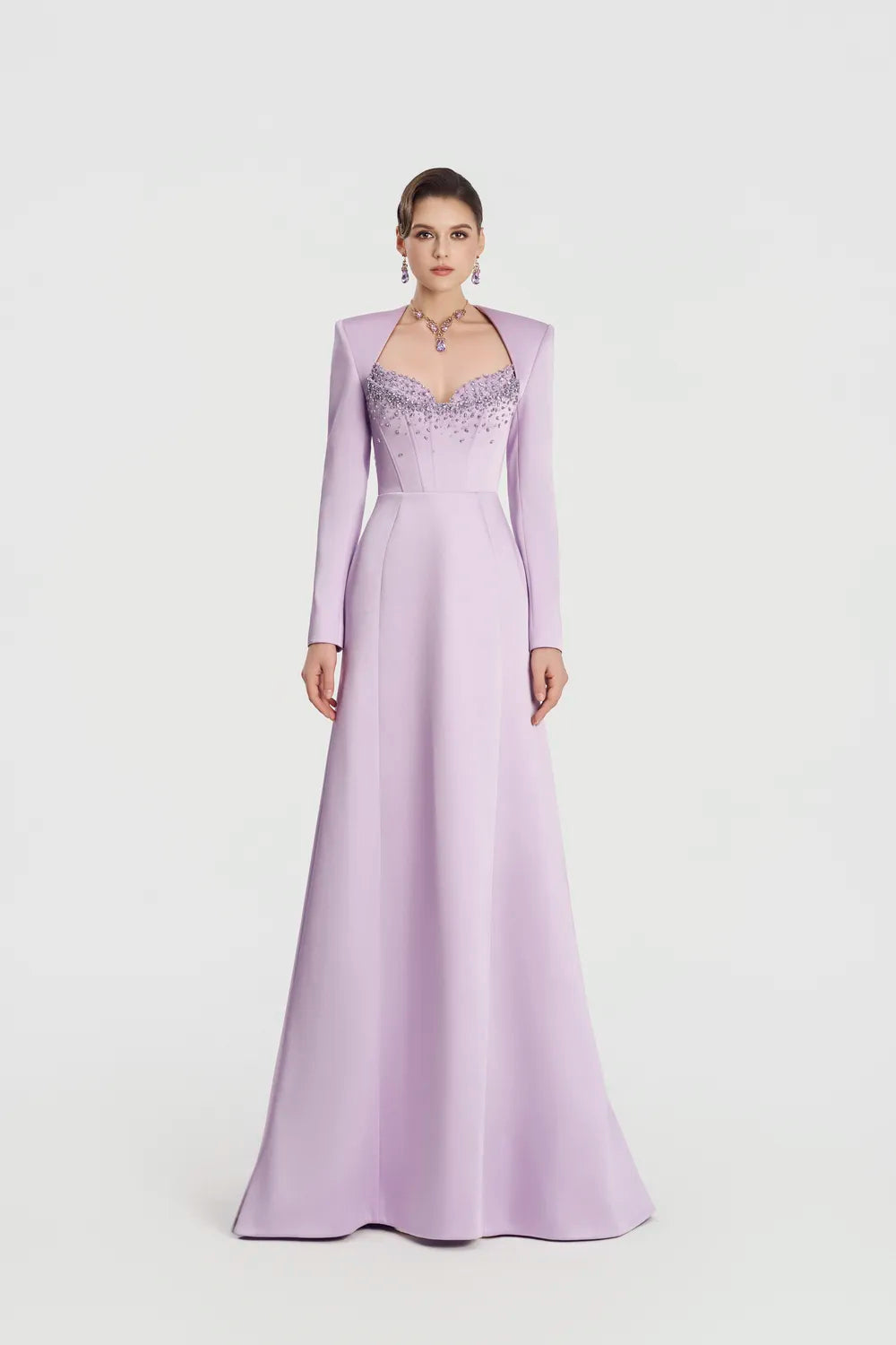 Trapezium Neckline Long Sleeve Flared A-Line Dress - TRACY COUTURE