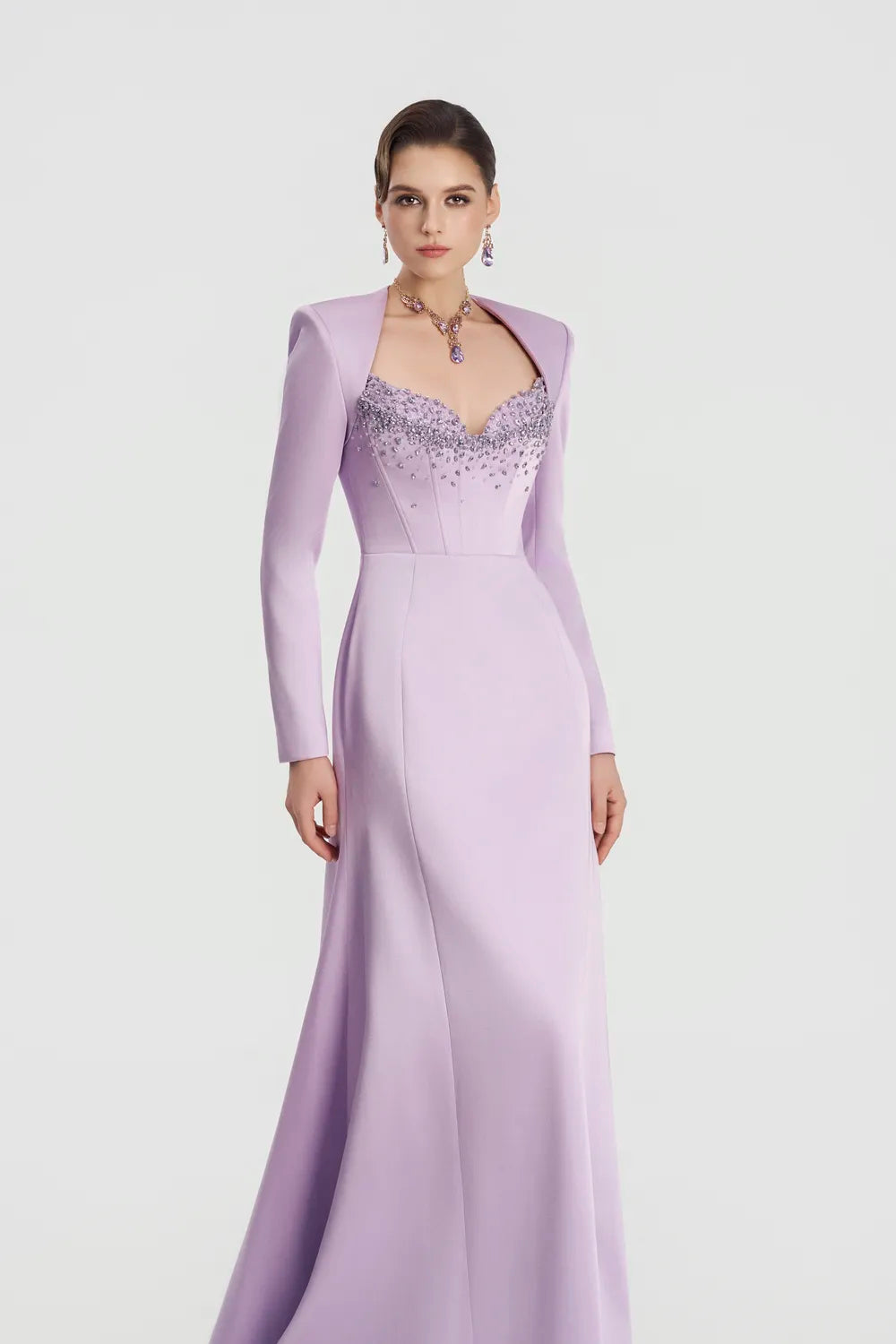 Trapezium Neckline Long Sleeve Flared A-Line Dress - TRACY COUTURE