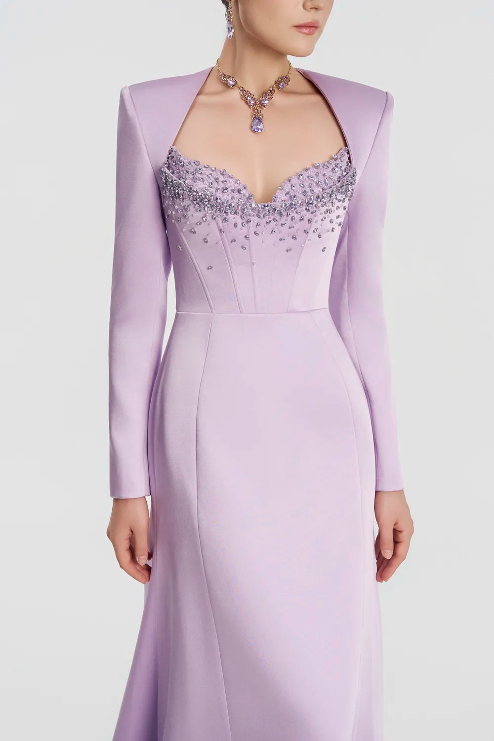 Trapezium Neckline Long Sleeve Flared A-Line Dress - TRACY COUTURE