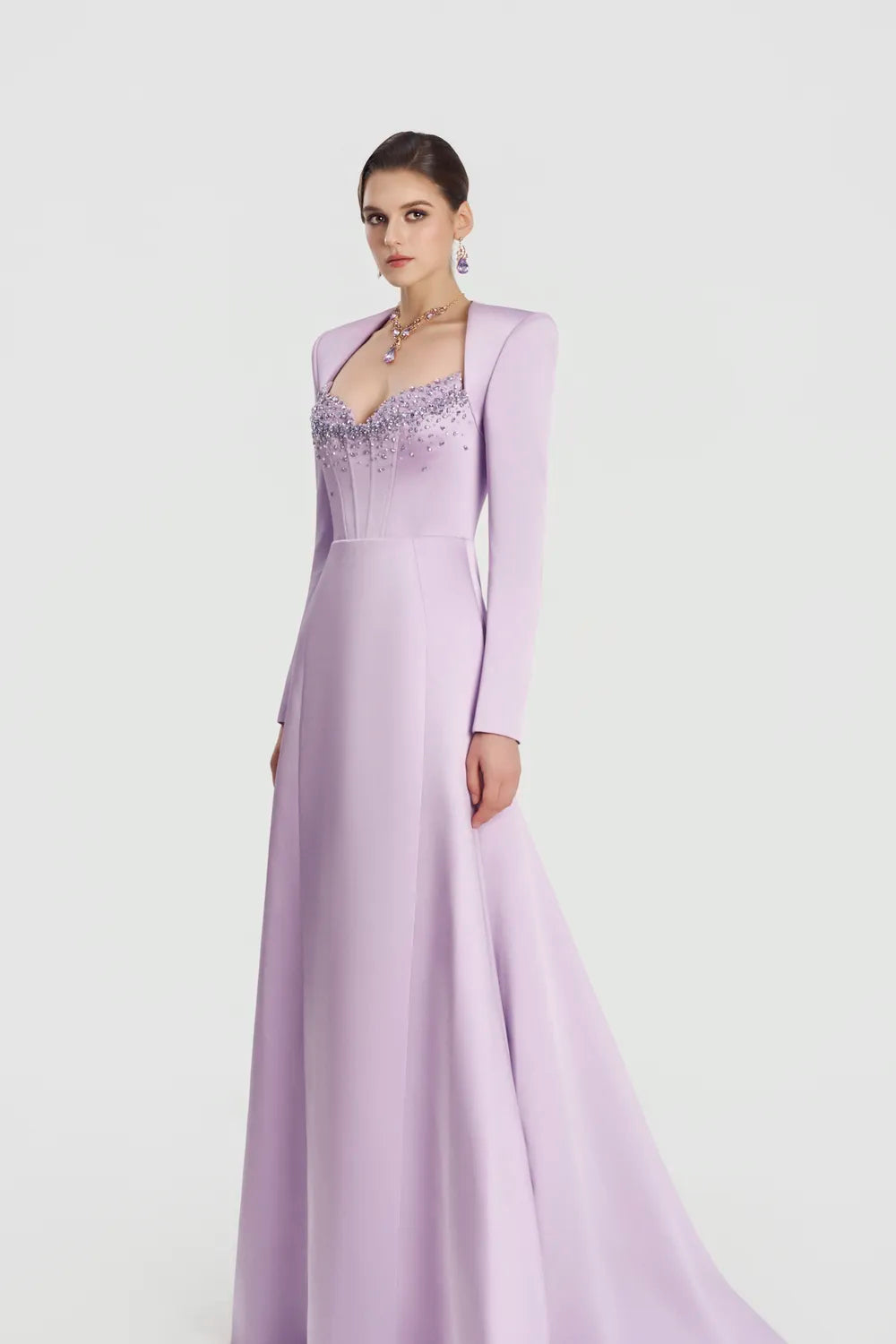 Trapezium Neckline Long Sleeve Flared A-Line Dress - TRACY COUTURE