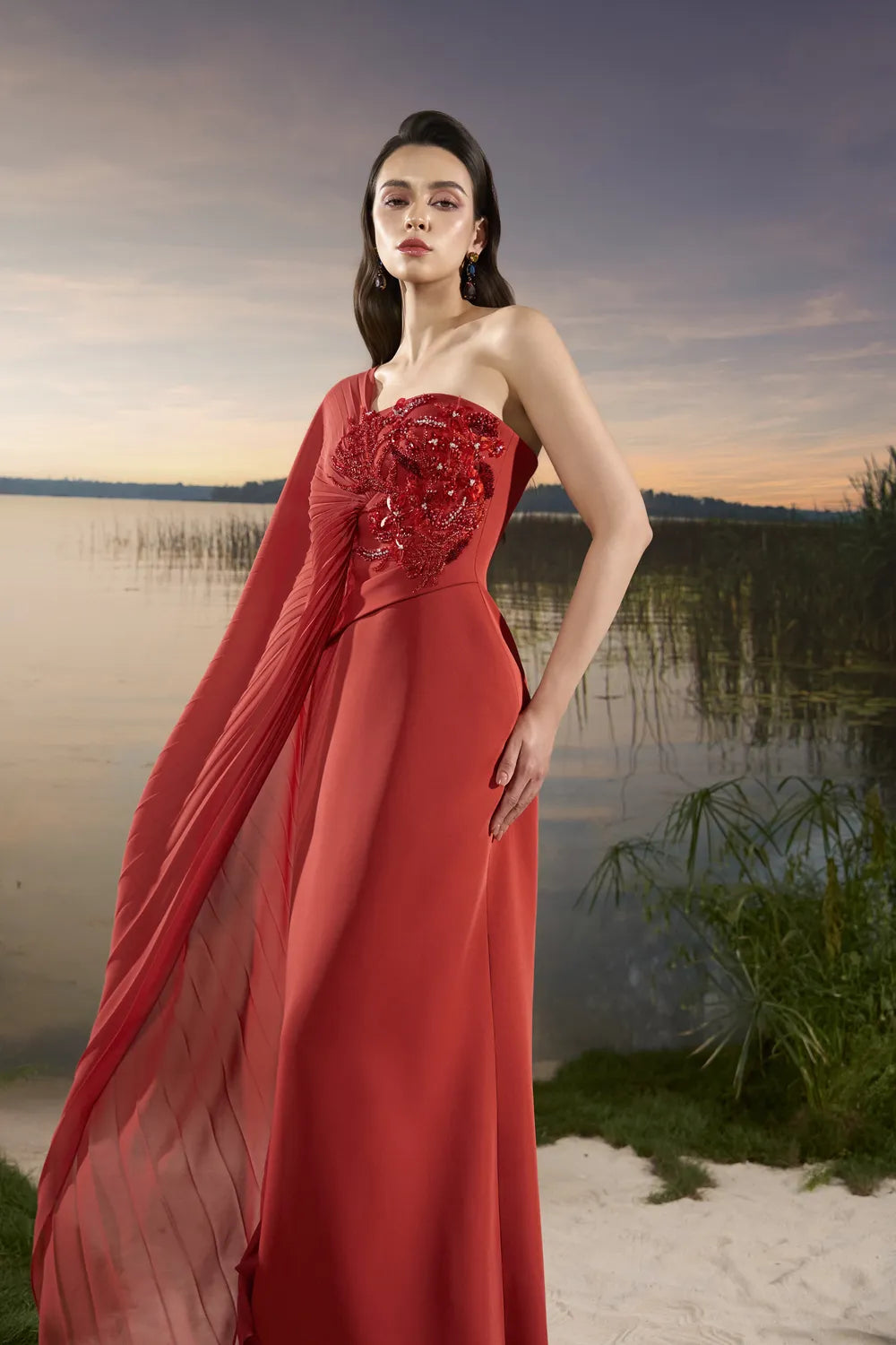 One-Shoulder Pleated Flap Dress - TRACY COUTURE