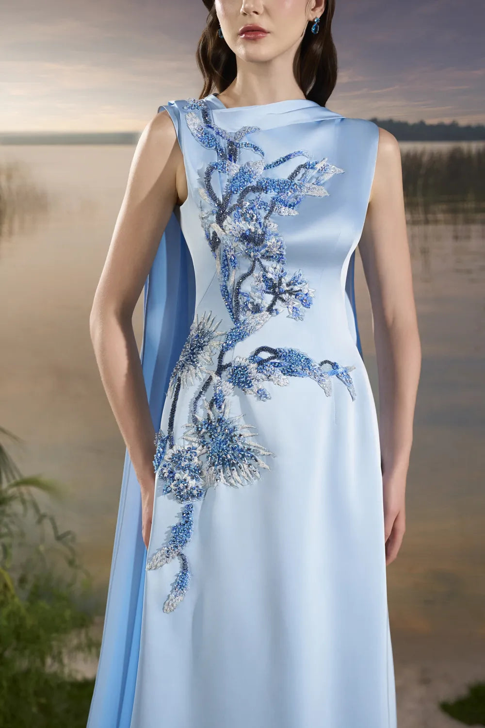 Sleeveless Boat Neck Long Back Flap Dress - TRACY COUTURE