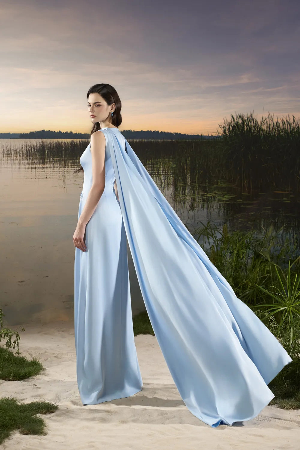 Sleeveless Boat Neck Long Back Flap Dress - TRACY COUTURE