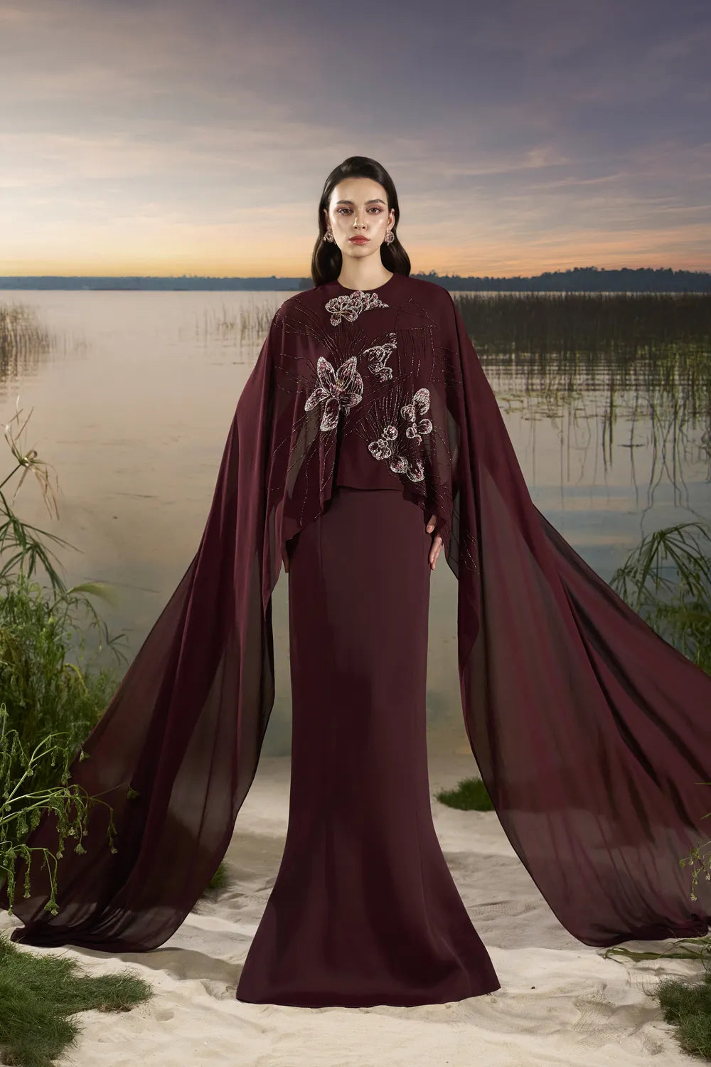 Flowing Cape Sleeve Mermaid Dress - TRACY COUTURE