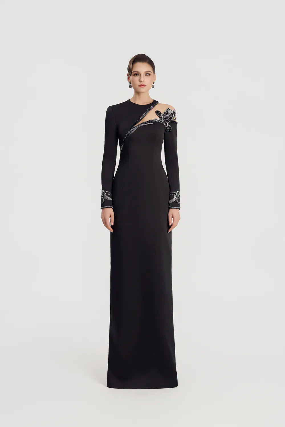 Asymmetric See-Through Shoulder Straight Dress - TRACY COUTURE