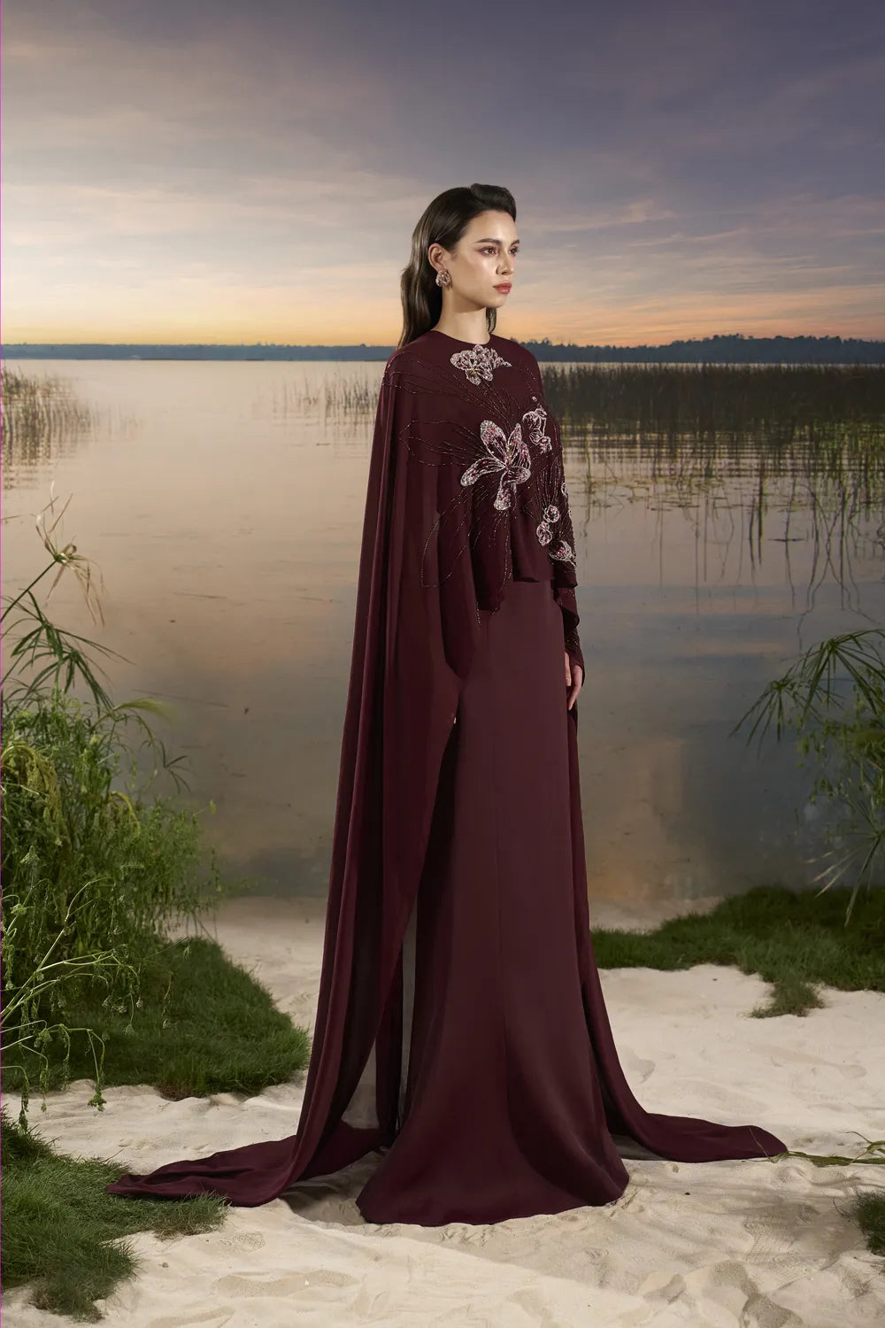 Flowing Cape Sleeve Mermaid Dress - TRACY COUTURE